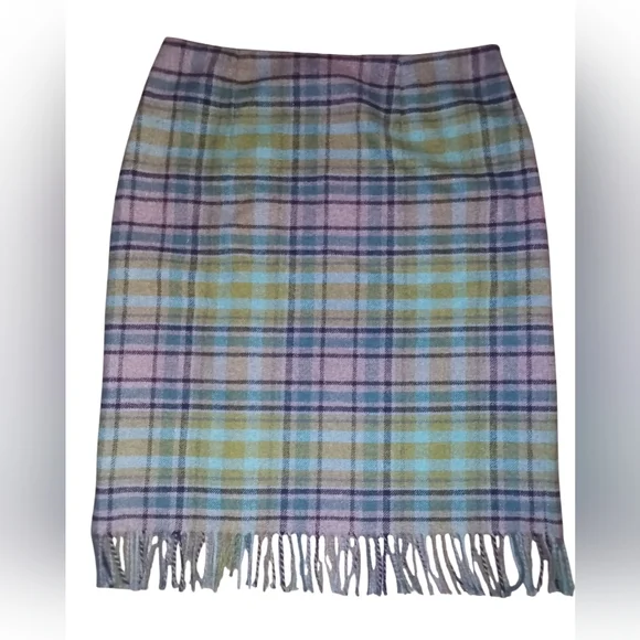J Jill Plaid & Fringed Skirt Grey Blue Green Size 14P Lined - Picture 7 of 9